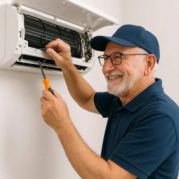 Técnico realizando manutenção em ar-condicionado